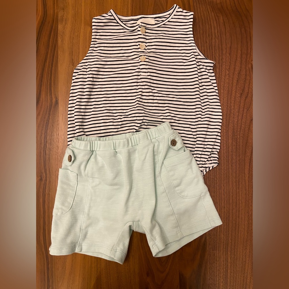 “Vignette” Striped, Bubble Romper & “Effie & h” Mint Shorts, 18-24M, EUC